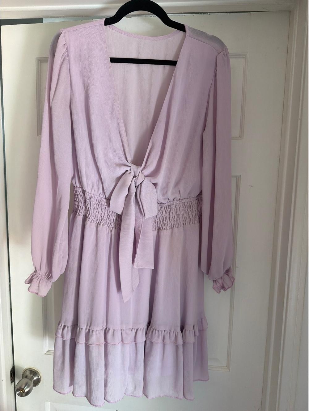 Light Purple Long Sleeve Tie Front Dress with Ruffle Details